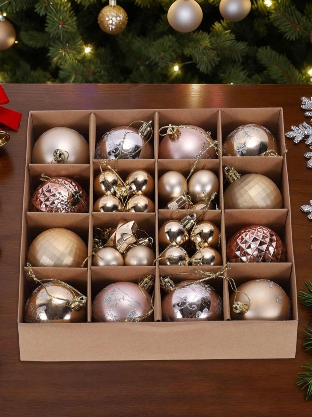 Holiday Ornament Set - Rose Gold and Champagne Christmas Baubles. 44 Pieces. NWT
